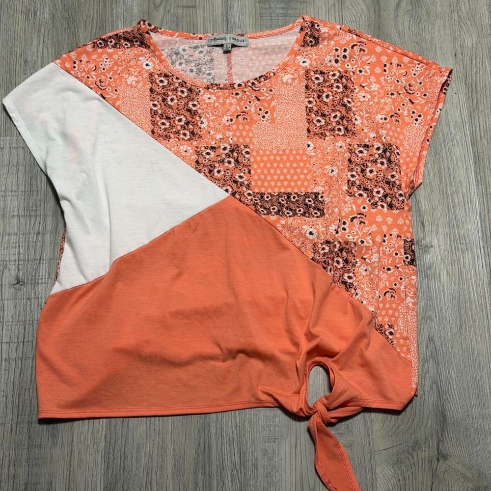 Absolutely Famous Patchwork Tie Front Top Women Size L